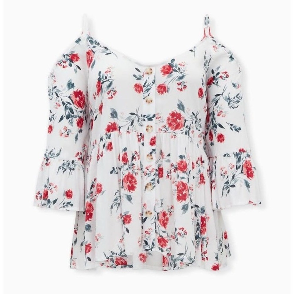 Torrid Cold Shoulder Blouse Women 00 White Red Floral Indie Boho Cottagecore Top